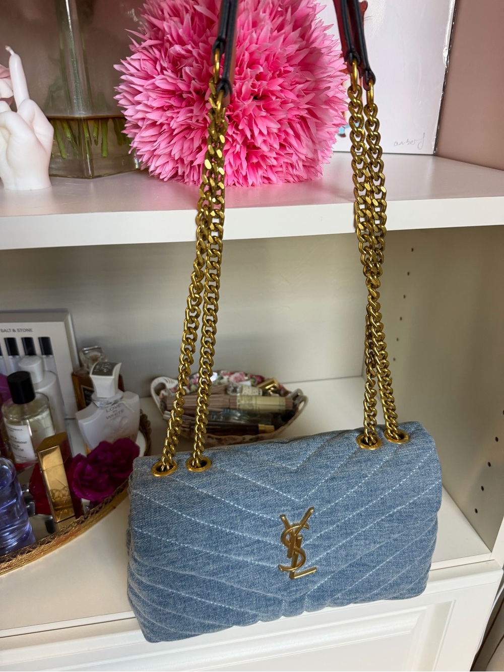 Saint Laurent Denim Quilted Shoulder Bag in Blue Denim with Tan Strap - Picture 2 of 6